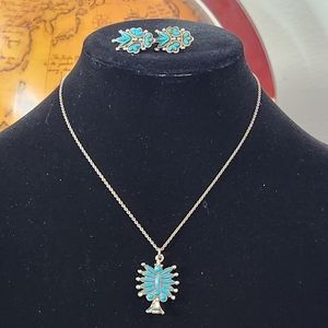Vintage 90s Faux Turquoise Squash Blossom Silver Necklace Clip On Earrings Set